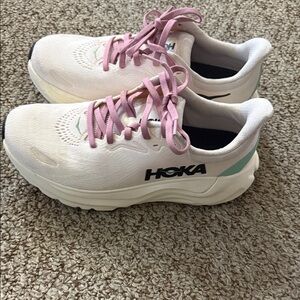 Hoka White Running Shoes with Pink Laces and Mint Heel Accent